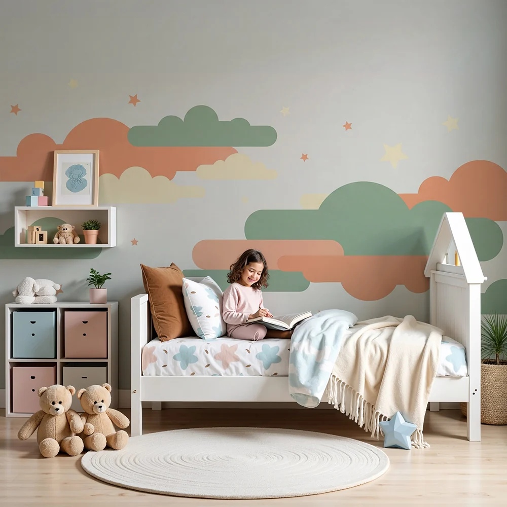 Nursery room wallpaper | Színes felhők és puha csillagok egy nyugtató égbolthoz