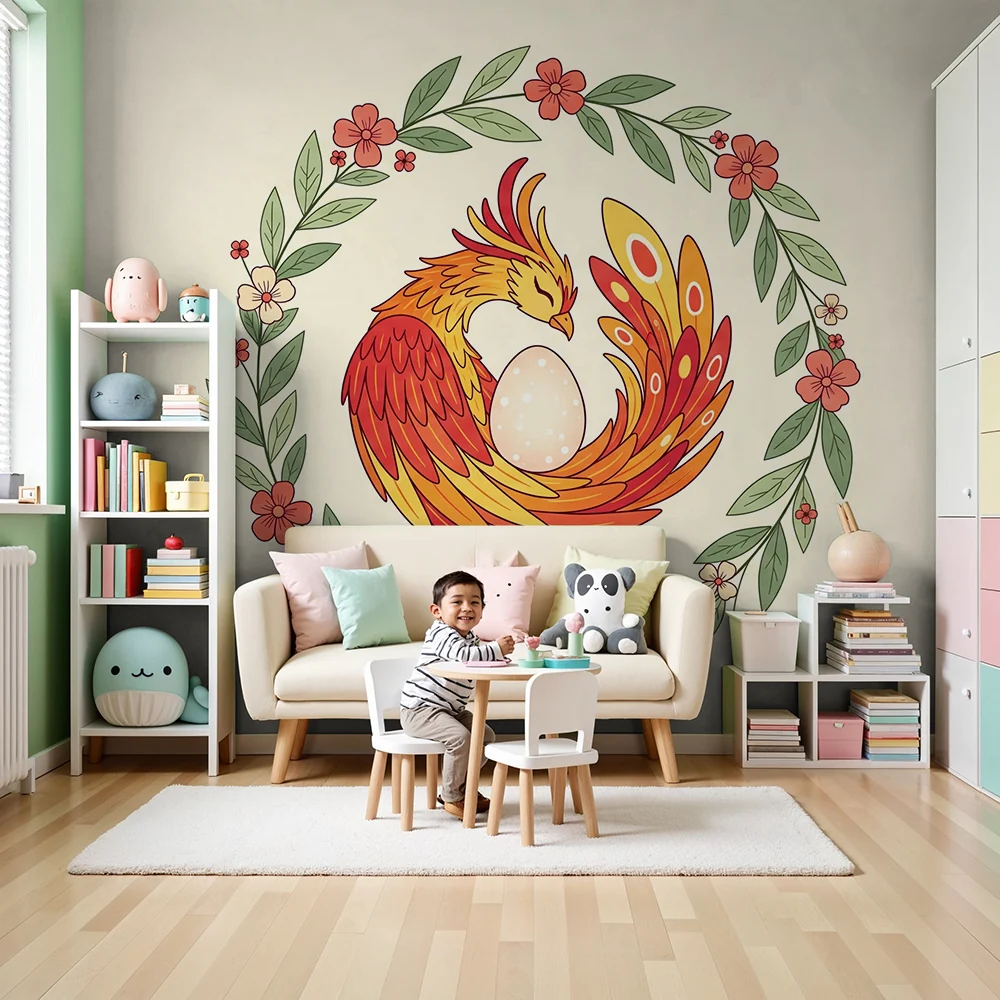 Nursery room wallpaper | Színes főnix virágok és lomb között