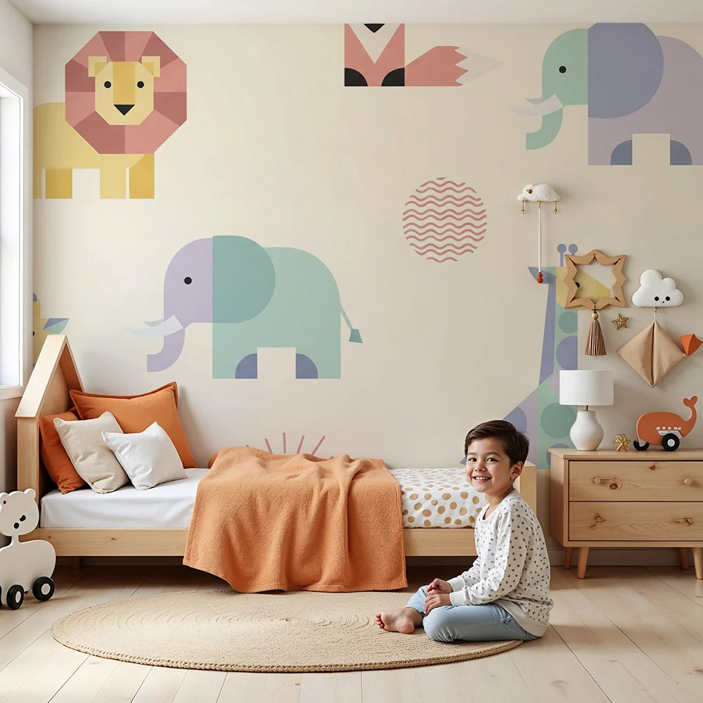 Nursery room wallpaper | Színes geometriai állatok játékos hangulathoz