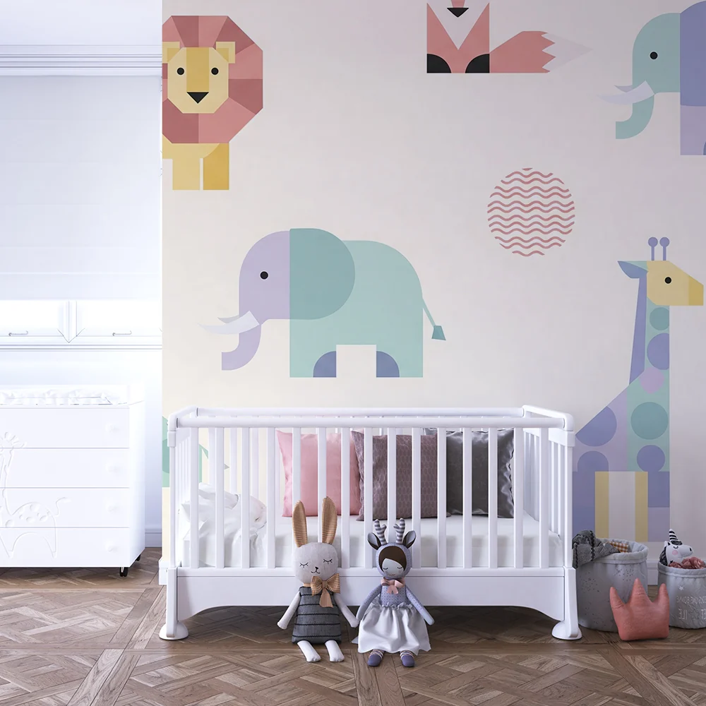 Nursery room wallpaper | Színes geometriai állatok játékos hangulathoz