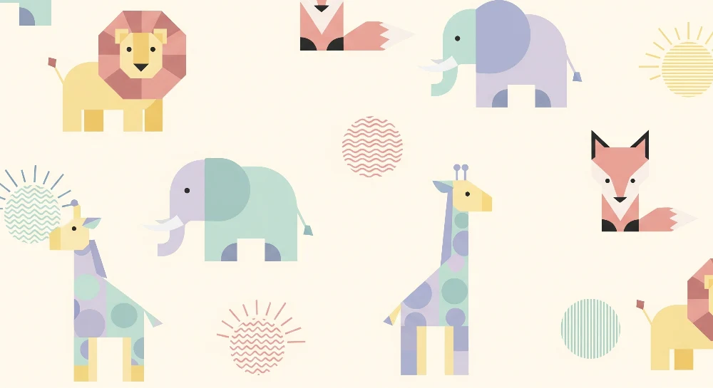 Nursery room wallpaper | Színes geometriai állatok játékos hangulathoz