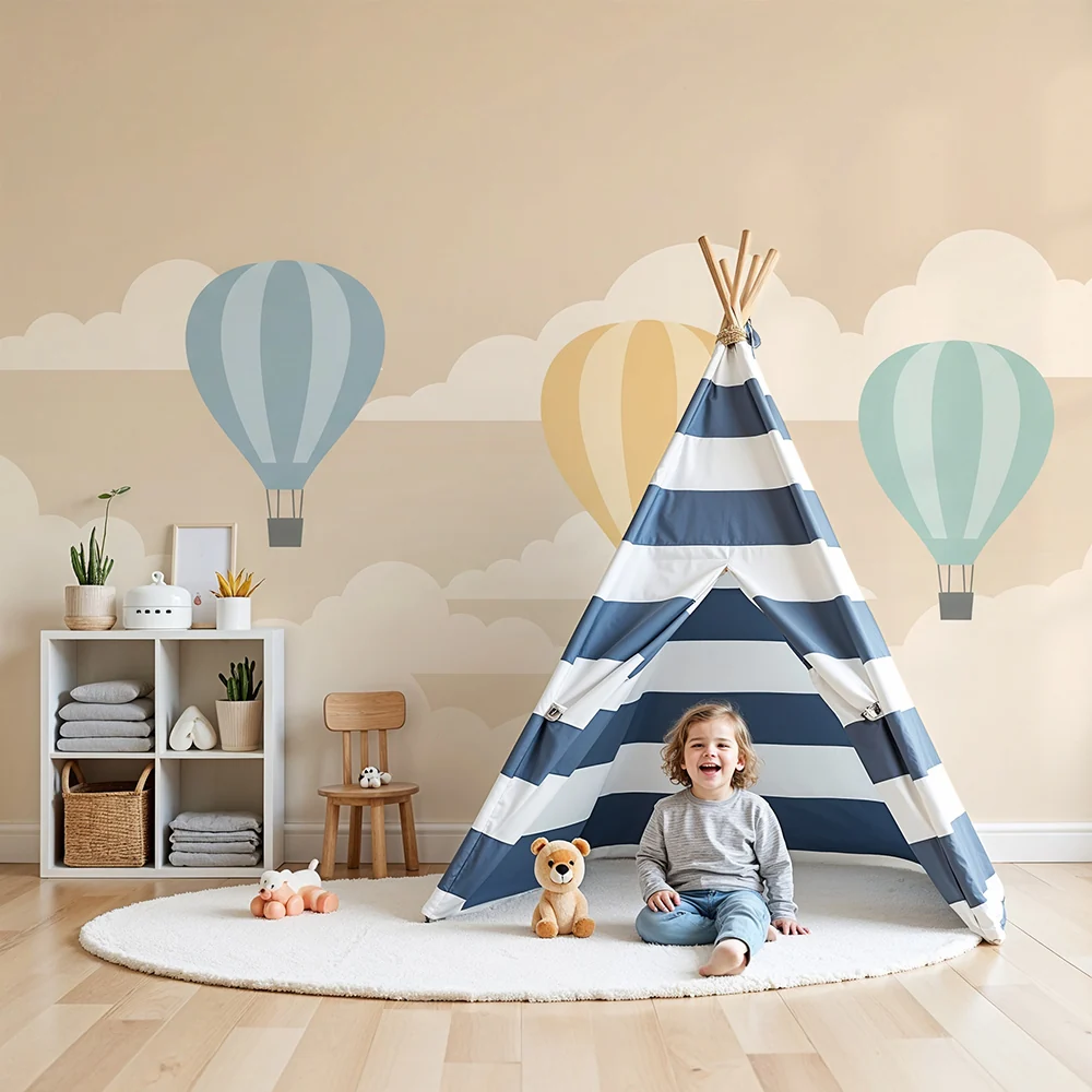 Nursery room wallpaper | Színes hőlégballonok lebegnek felhők között