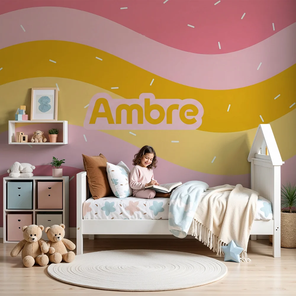 Nursery room wallpaper | Színes hullámok rózsaszín, sárga és narancssárga színekben vidám mintákkal