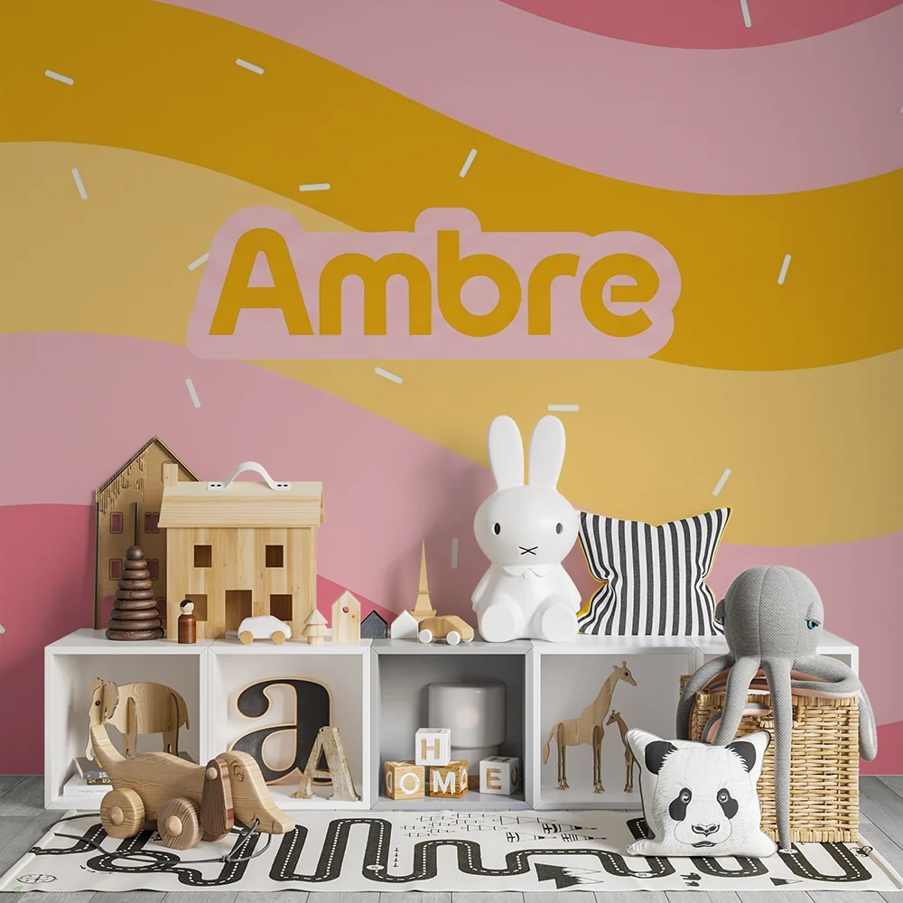 Nursery room wallpaper | Színes hullámok rózsaszín, sárga és narancssárga színekben vidám mintákkal