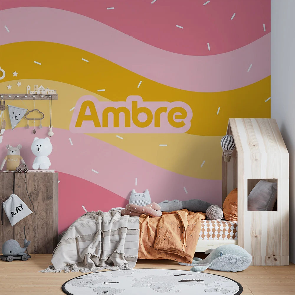 Nursery room wallpaper | Színes hullámok rózsaszín, sárga és narancssárga színekben vidám mintákkal