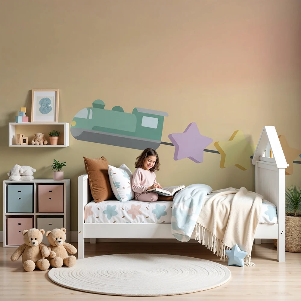 Nursery room wallpaper | Színes kisvonat, amely pasztell színű csillagokat húz
