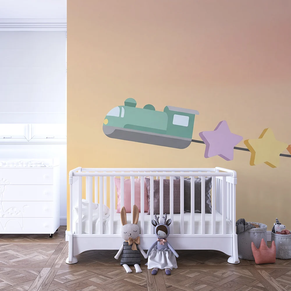 Nursery room wallpaper | Színes kisvonat, amely pasztell színű csillagokat húz