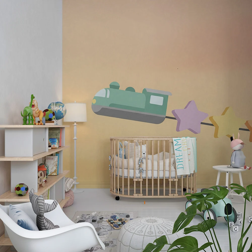 Nursery room wallpaper | Színes kisvonat, amely pasztell színű csillagokat húz