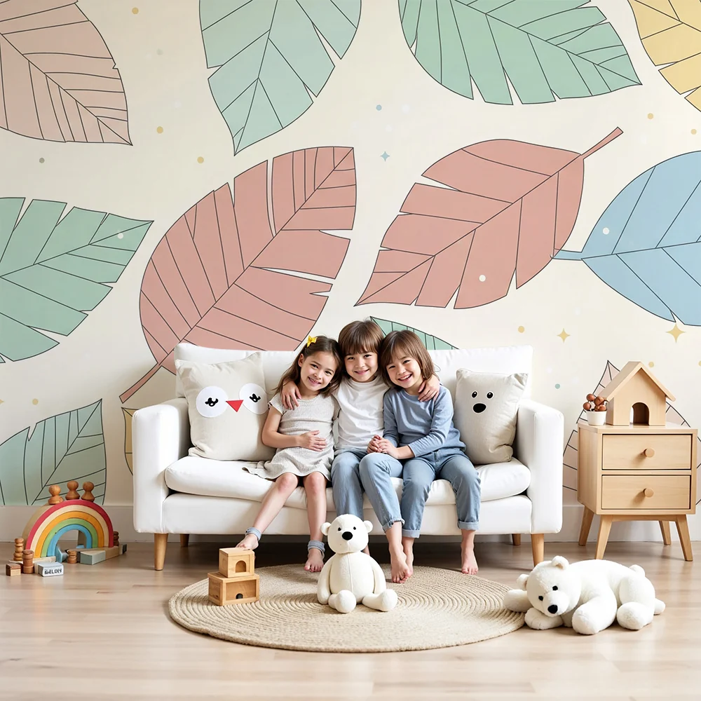 Nursery room wallpaper | Színes levelek puha és fényes háttéren