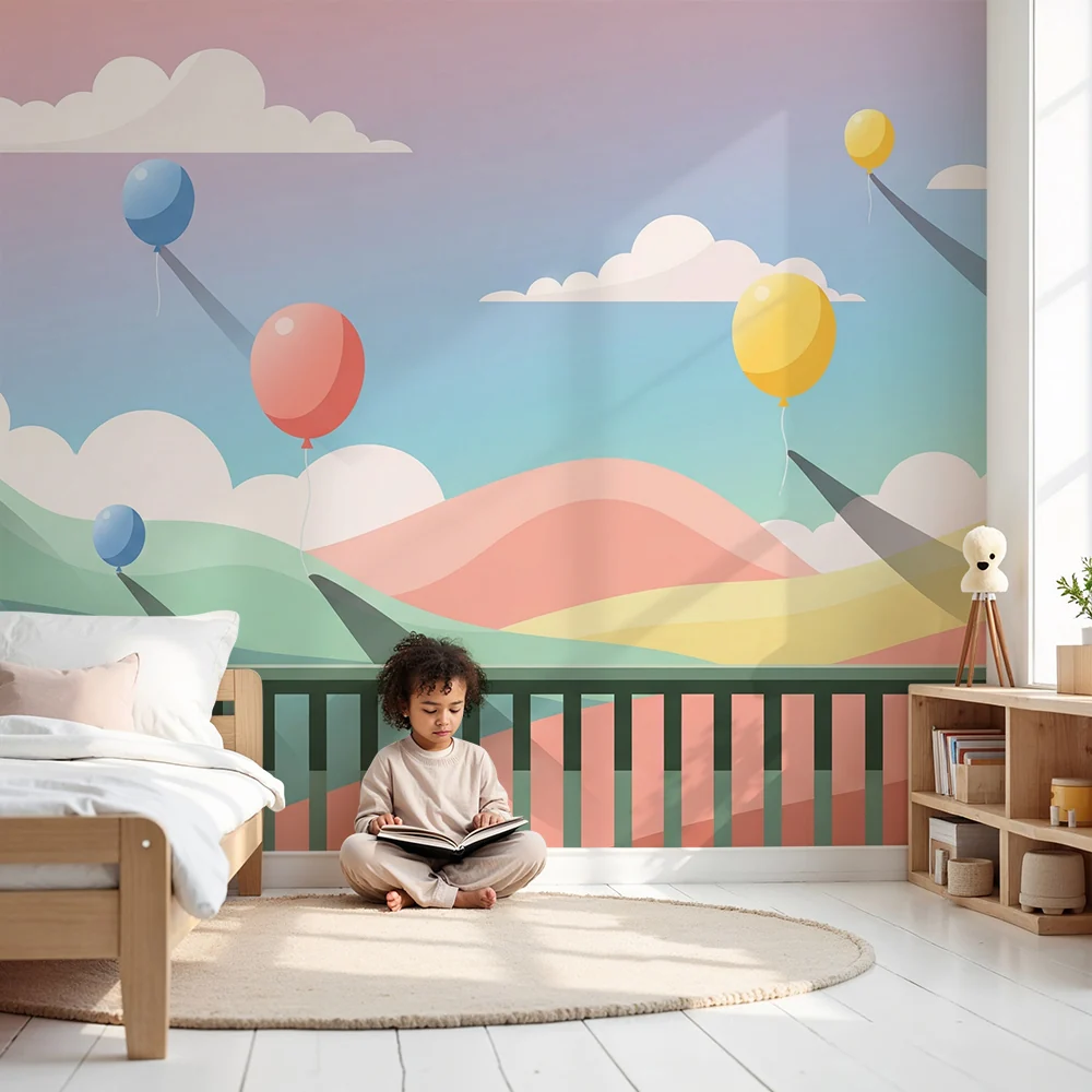 Nursery room wallpaper | Színes léggömbök lebegnek pasztell dombok felett