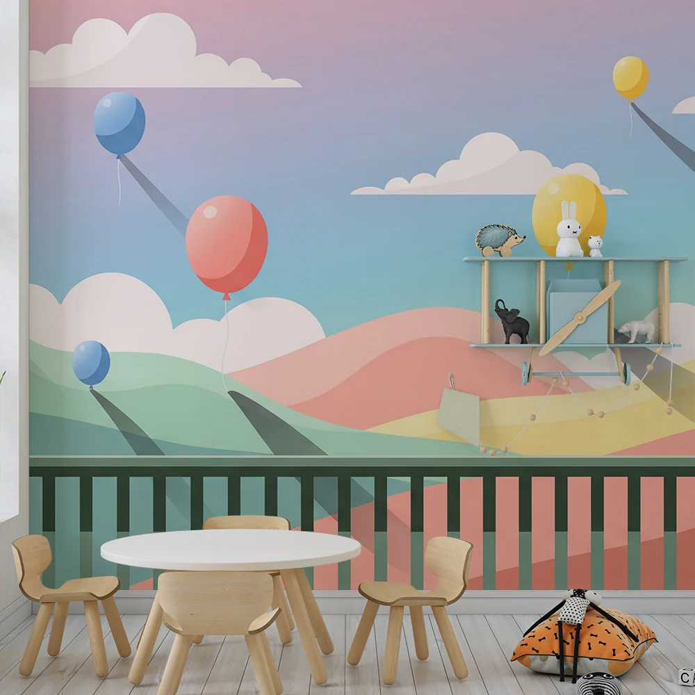Nursery room wallpaper | Színes léggömbök lebegnek pasztell dombok felett