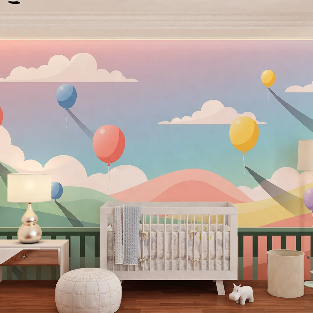 Nursery room wallpaper | Színes léggömbök lebegnek pasztell dombok felett