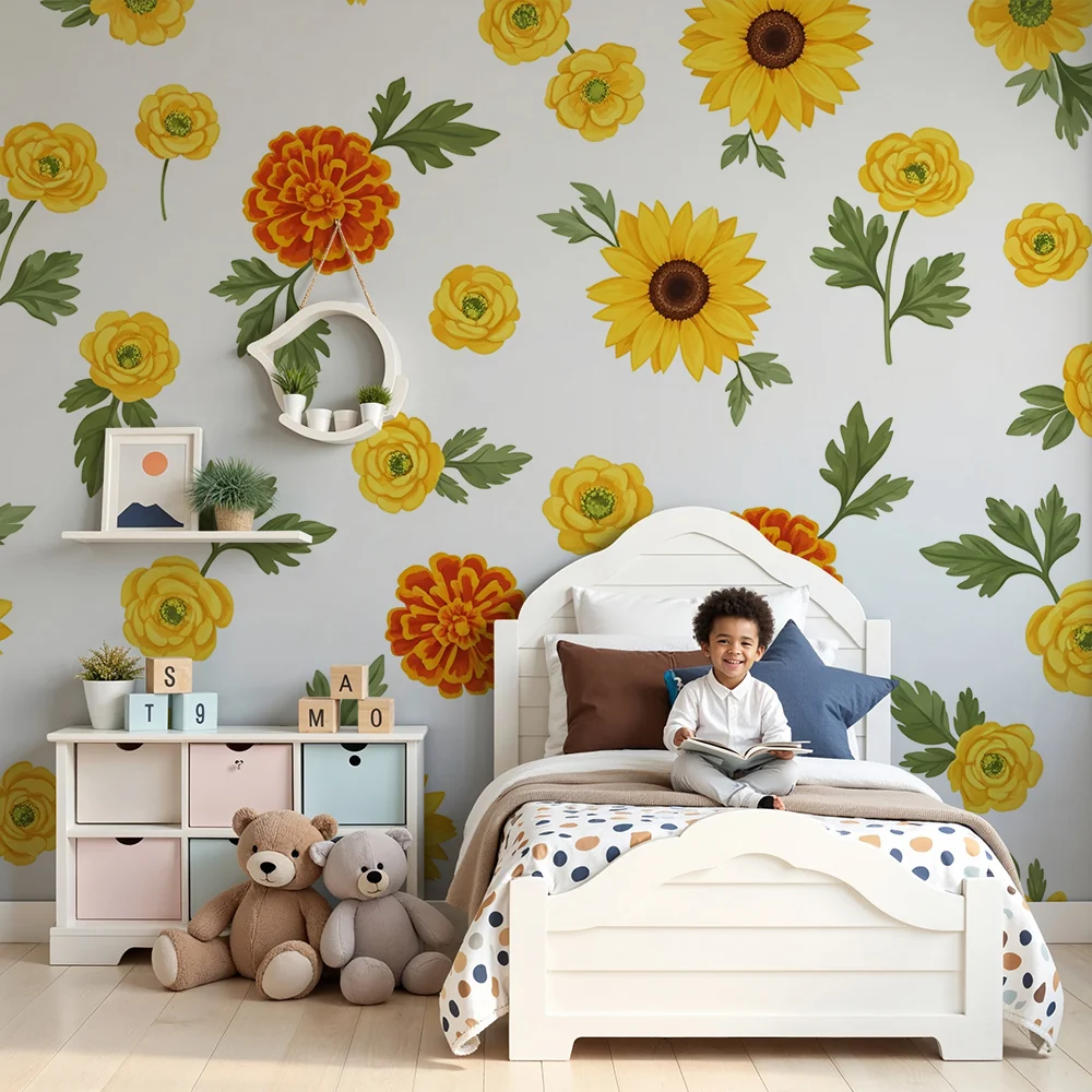 Nursery room wallpaper | Színes és napfényes virágok vidám hangulatú környezetért