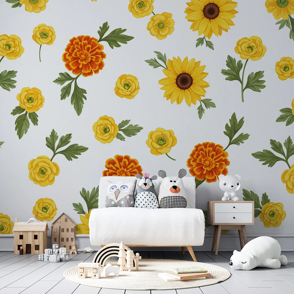Nursery room wallpaper | Színes és napfényes virágok vidám hangulatú környezetért