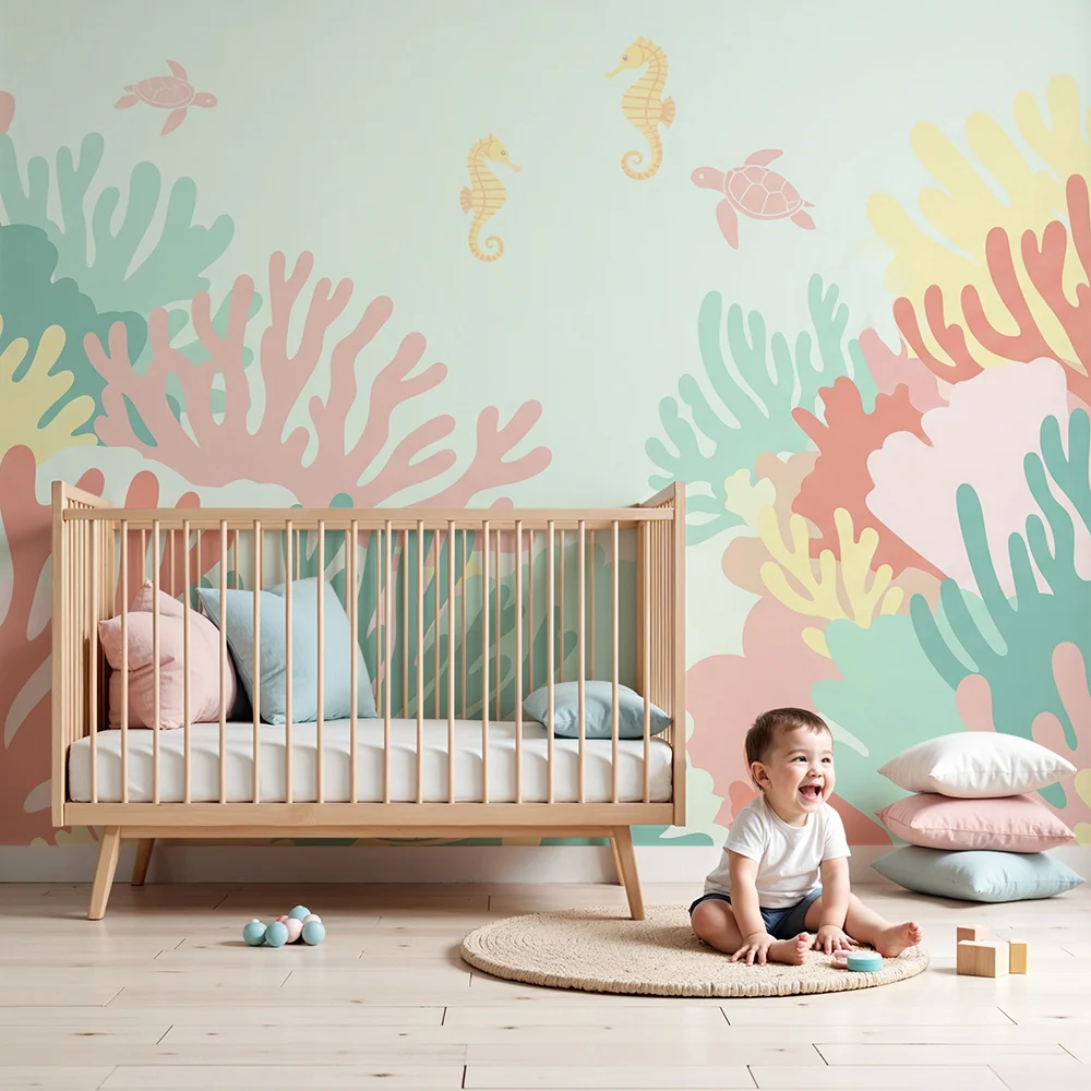 Nursery room wallpaper | Színes tengeralattjáró korallzással és tengeri állatokkal