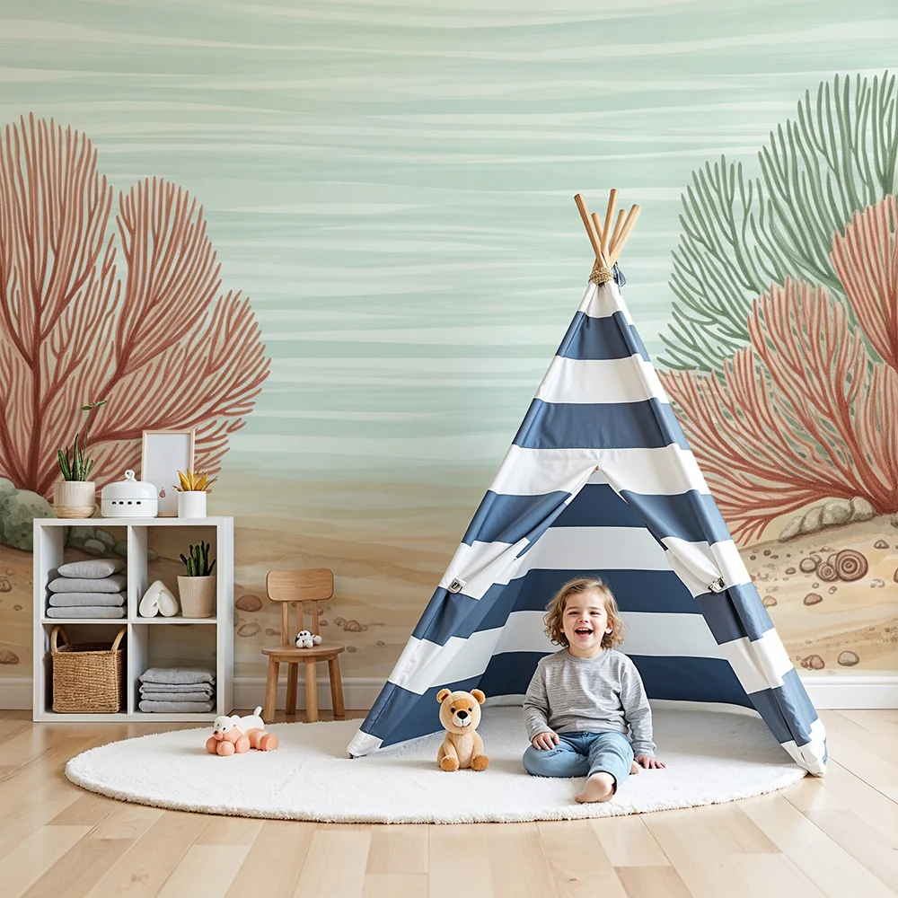 Nursery room wallpaper | Színes tengeralattjáró korallzátonnyal