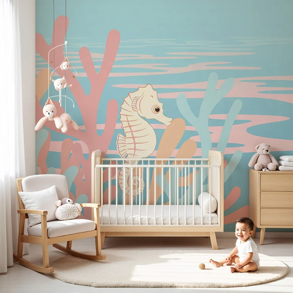 Nursery room wallpaper | Színes tengeri ló és korall nyugtató tengeri világban