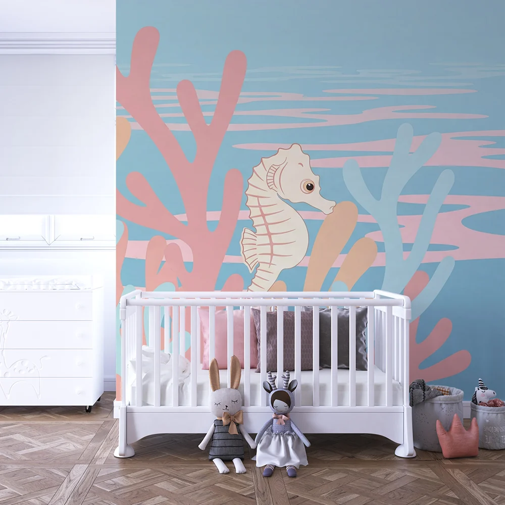 Nursery room wallpaper | Színes tengeri ló és korall nyugtató tengeri világban