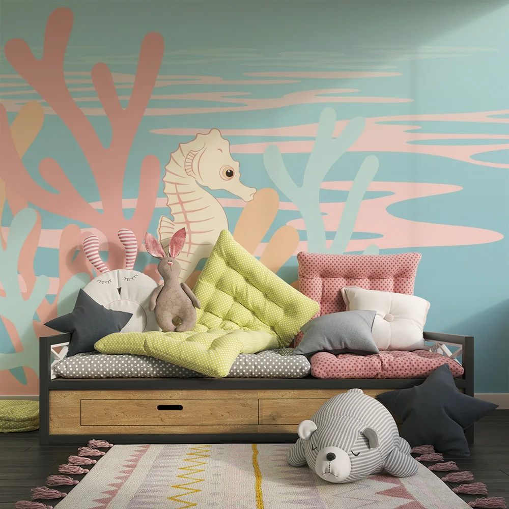 Nursery room wallpaper | Színes tengeri ló és korall nyugtató tengeri világban
