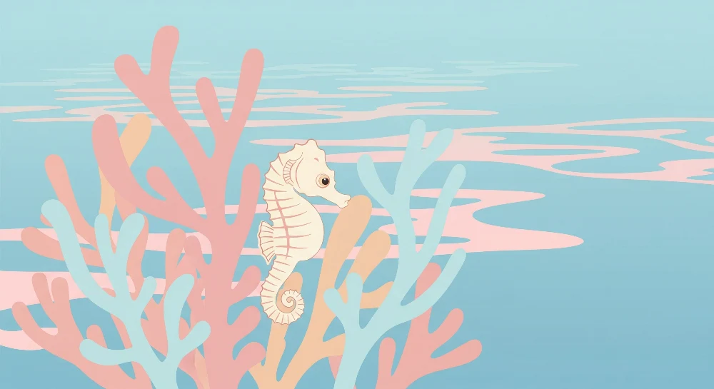 Nursery room wallpaper | Színes tengeri ló és korall nyugtató tengeri világban