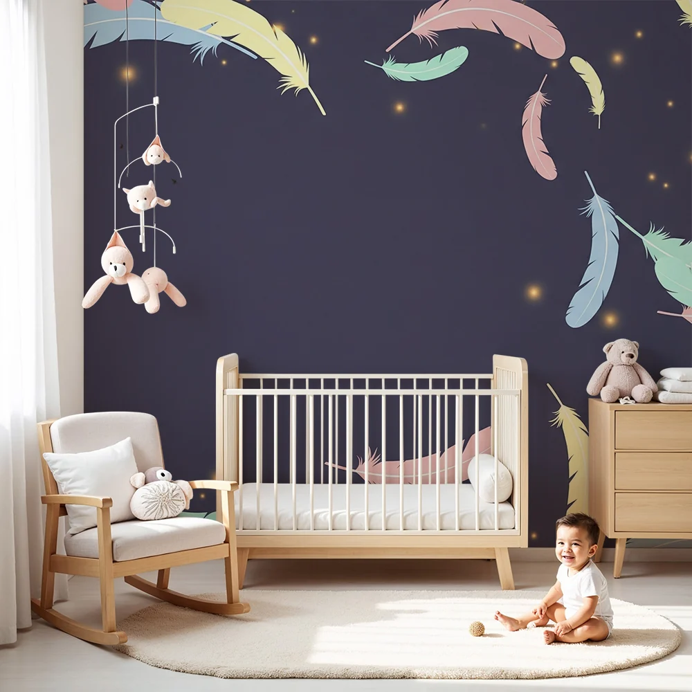 Nursery room wallpaper | Színes tollak lebegnek sötét háttéren