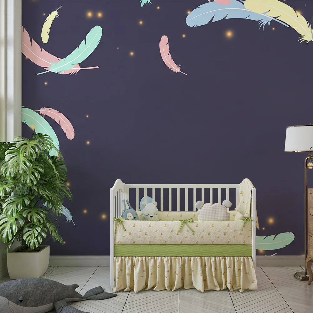 Nursery room wallpaper | Színes tollak lebegnek sötét háttéren