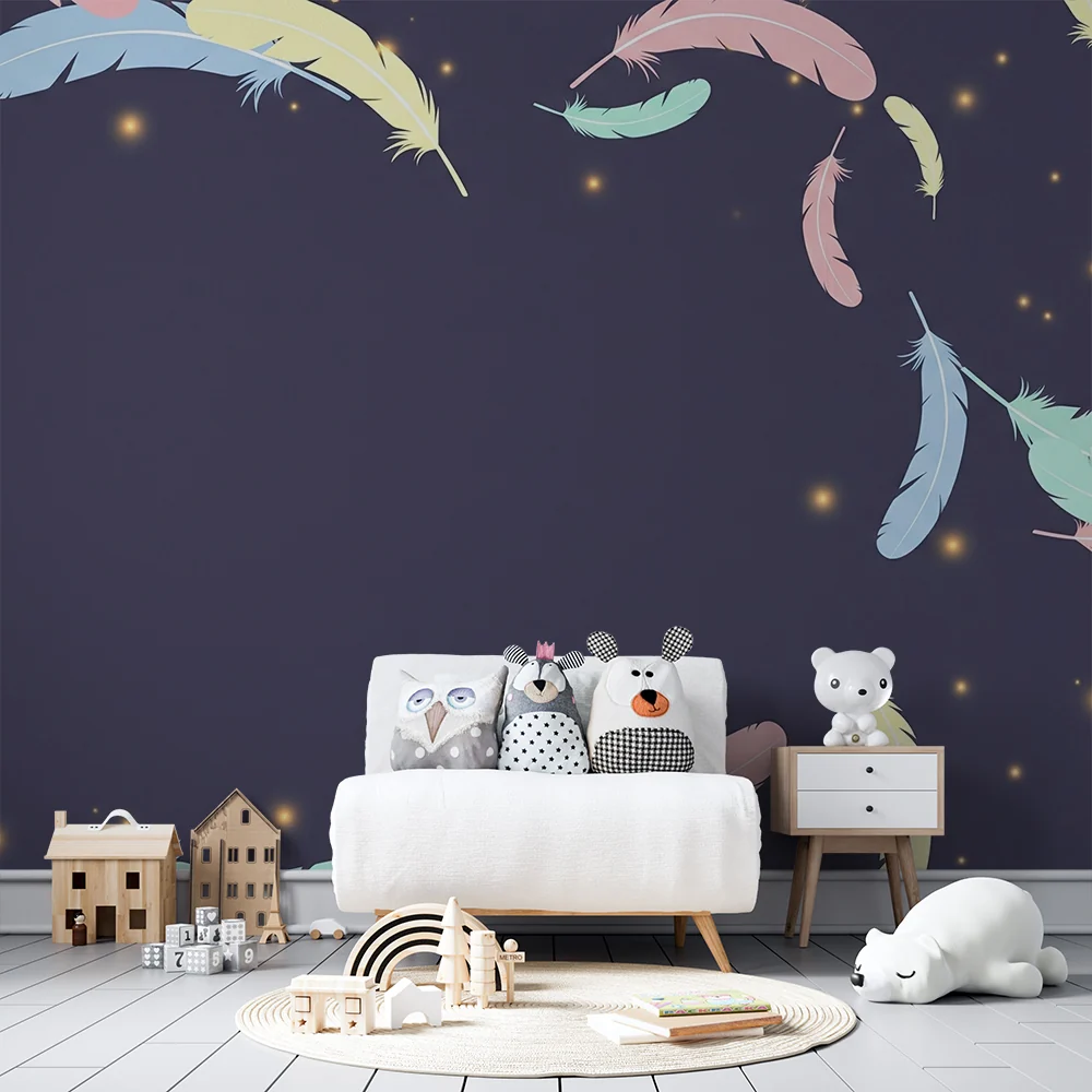 Nursery room wallpaper | Színes tollak lebegnek sötét háttéren