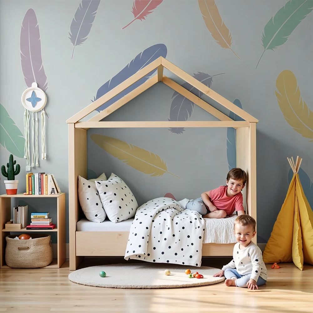 Nursery room wallpaper | Színes tollak pasztell háttérrel