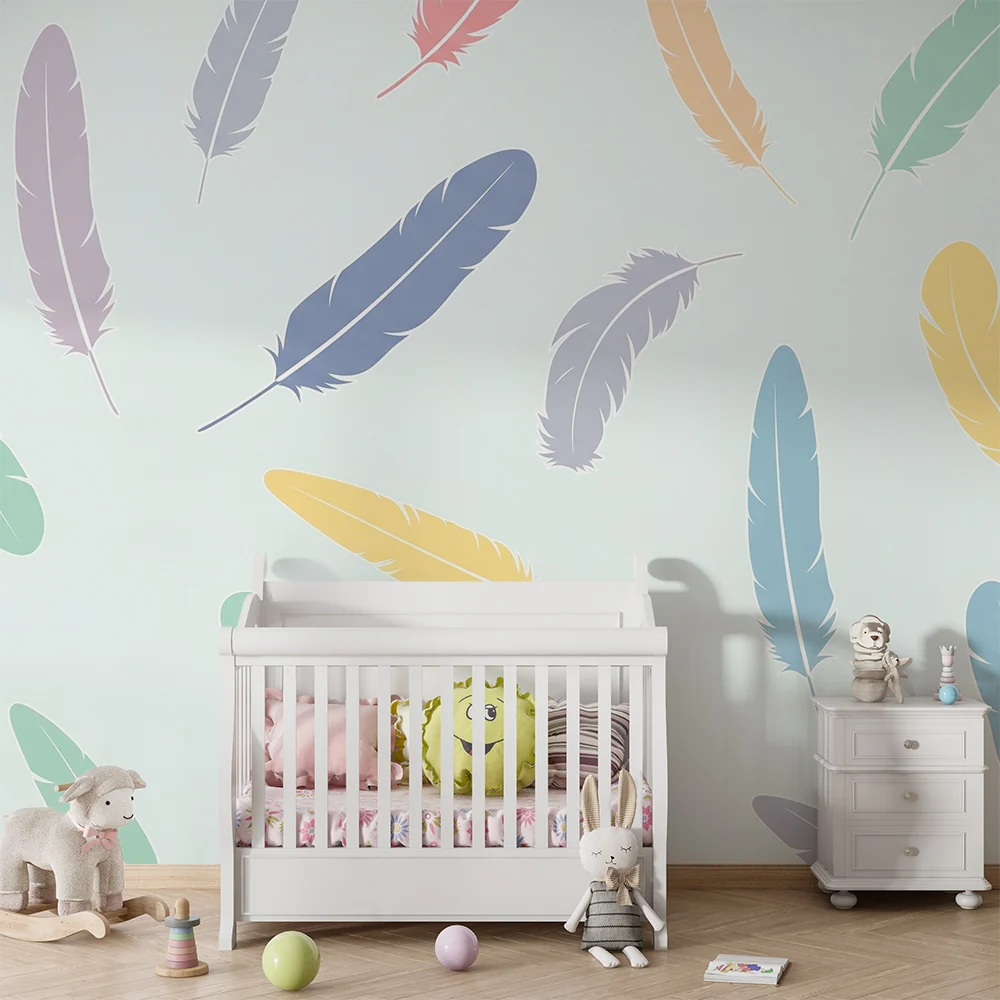 Nursery room wallpaper | Színes tollak pasztell háttérrel