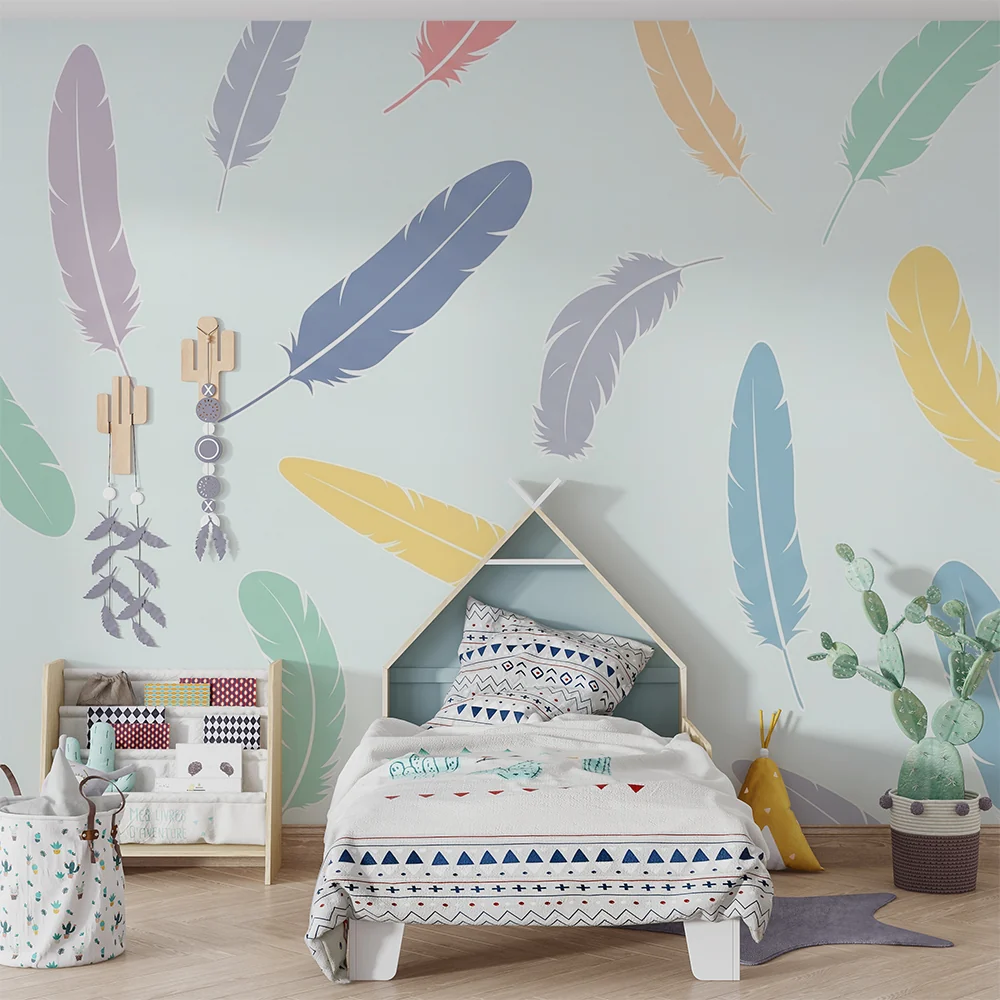 Nursery room wallpaper | Színes tollak pasztell háttérrel