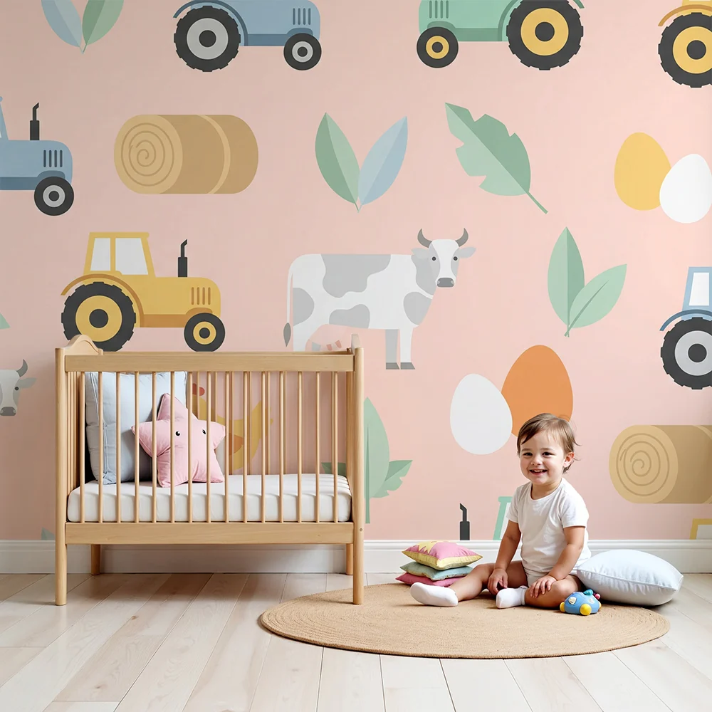 Nursery room wallpaper | Színes traktorok és állatok pasztell háttéren