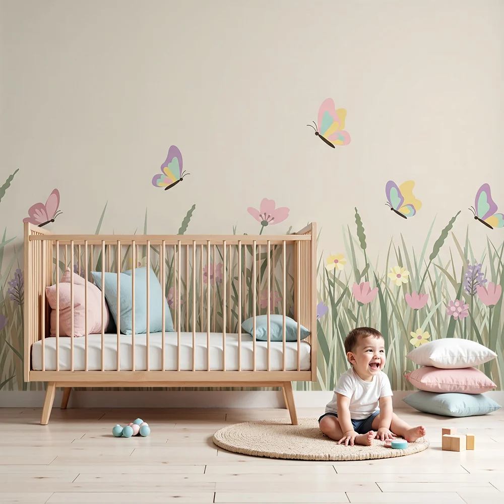 Nursery room wallpaper | Színes virágok és pillangók mezője