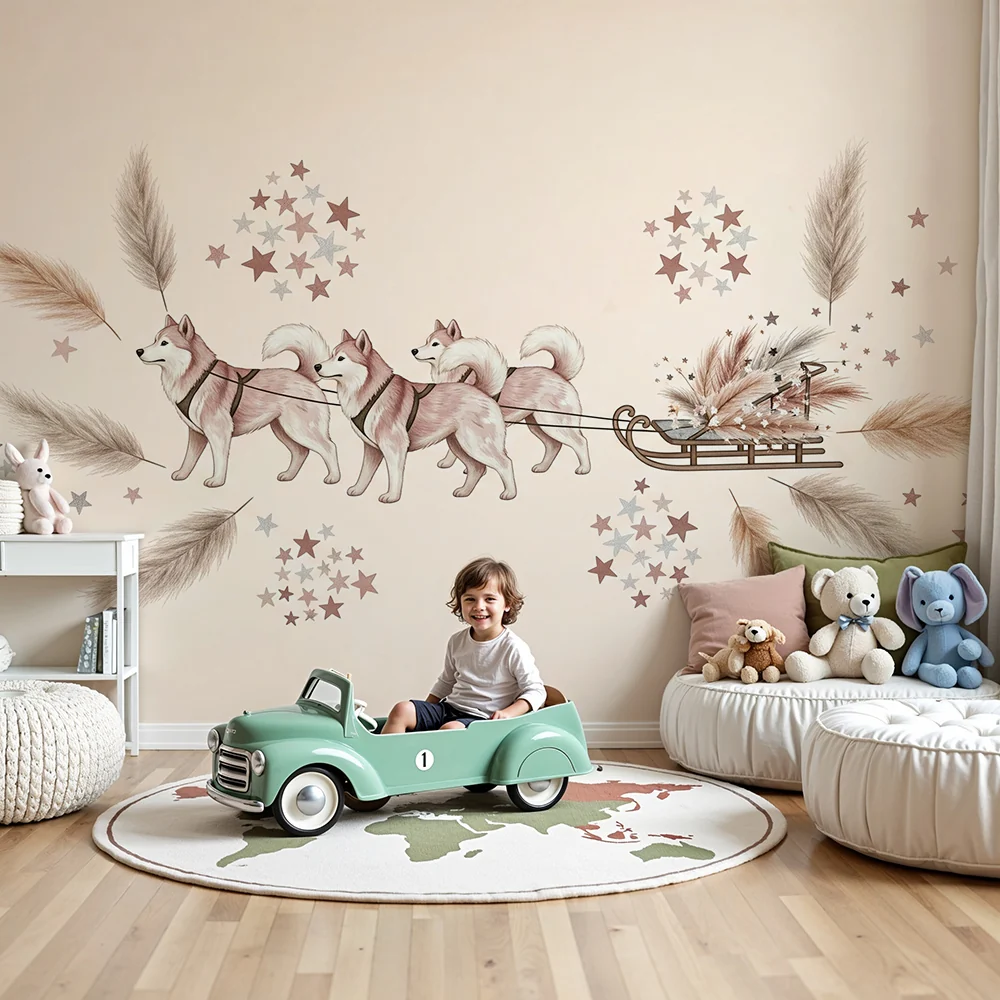 Nursery room wallpaper | Szánkók és csillagok puha háttéren