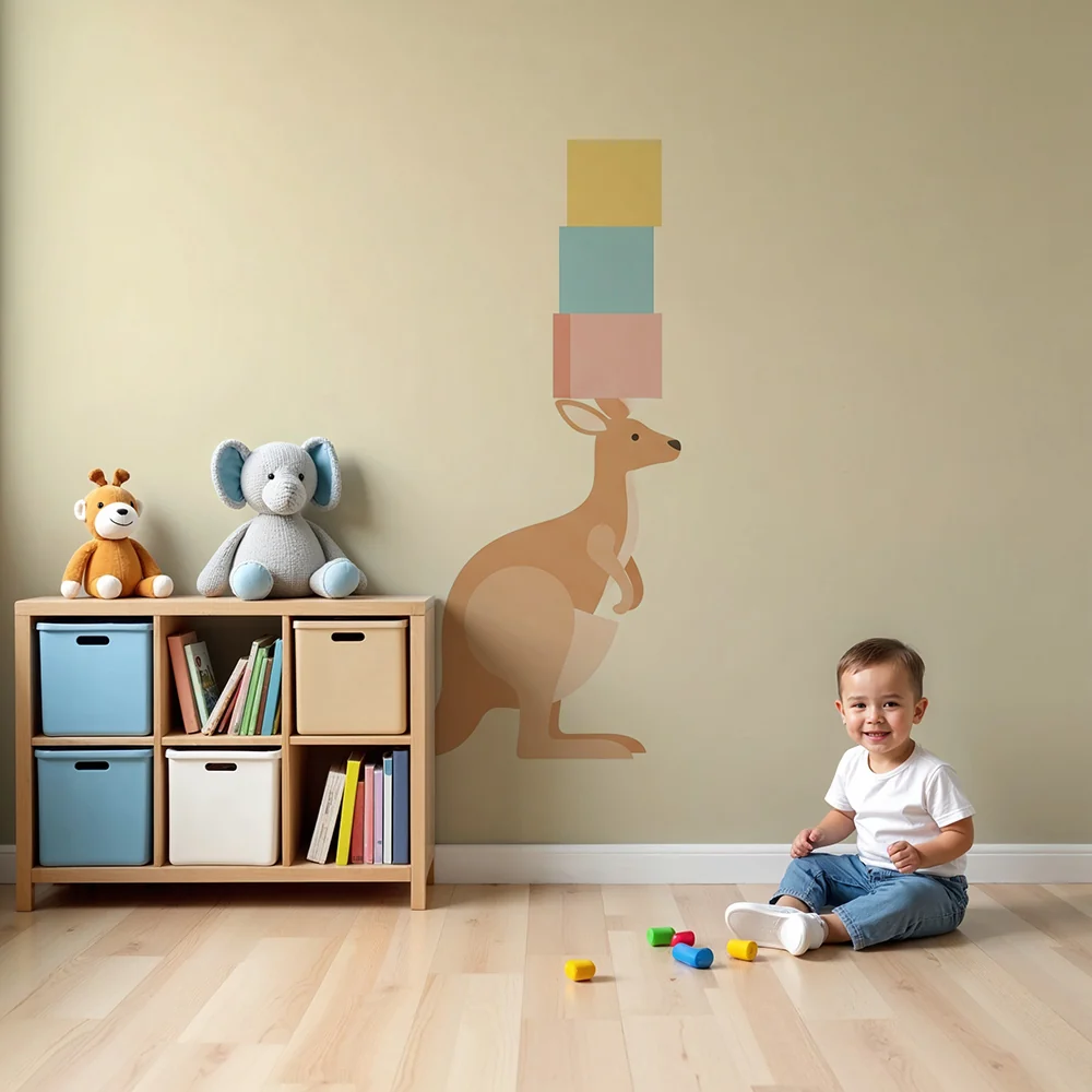 Nursery room wallpaper | Szórakoztató kenguru színes blokkokkal