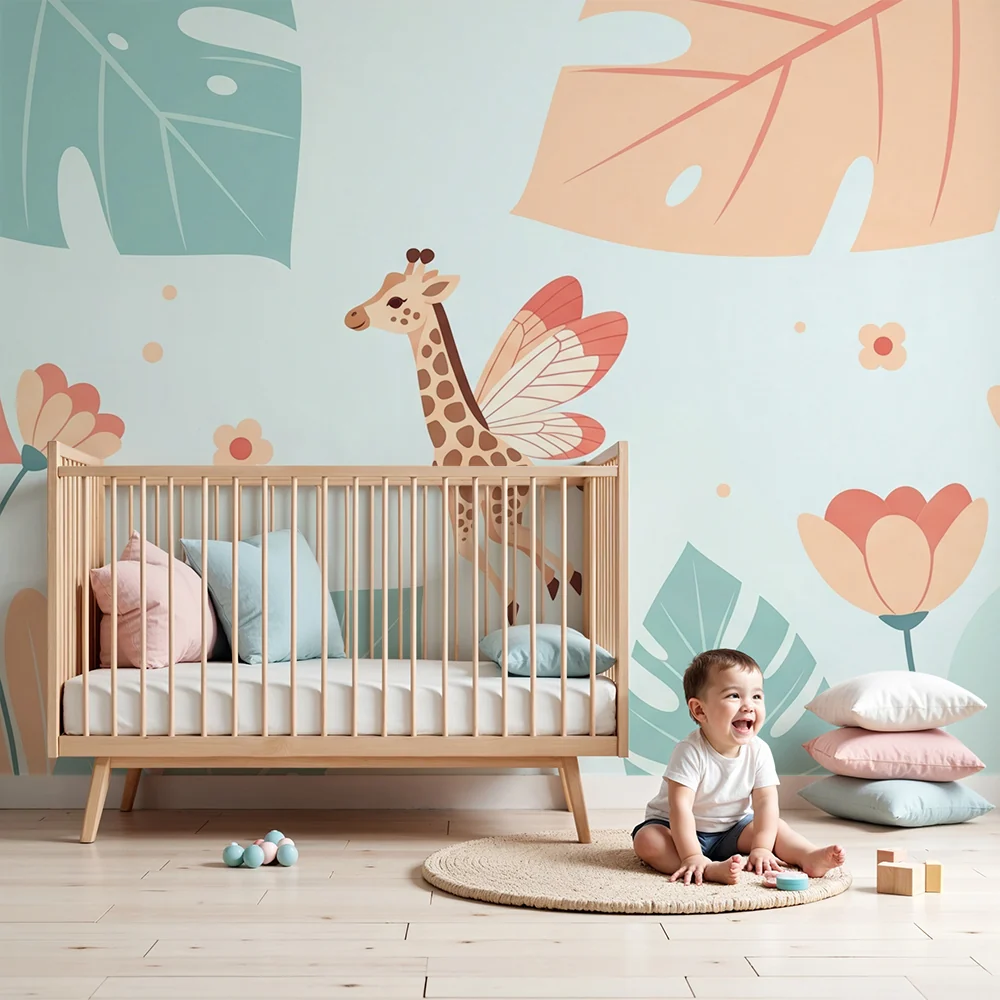 Nursery room wallpaper | Szárnyas zsiráf színes kertben trópusi levelekkel