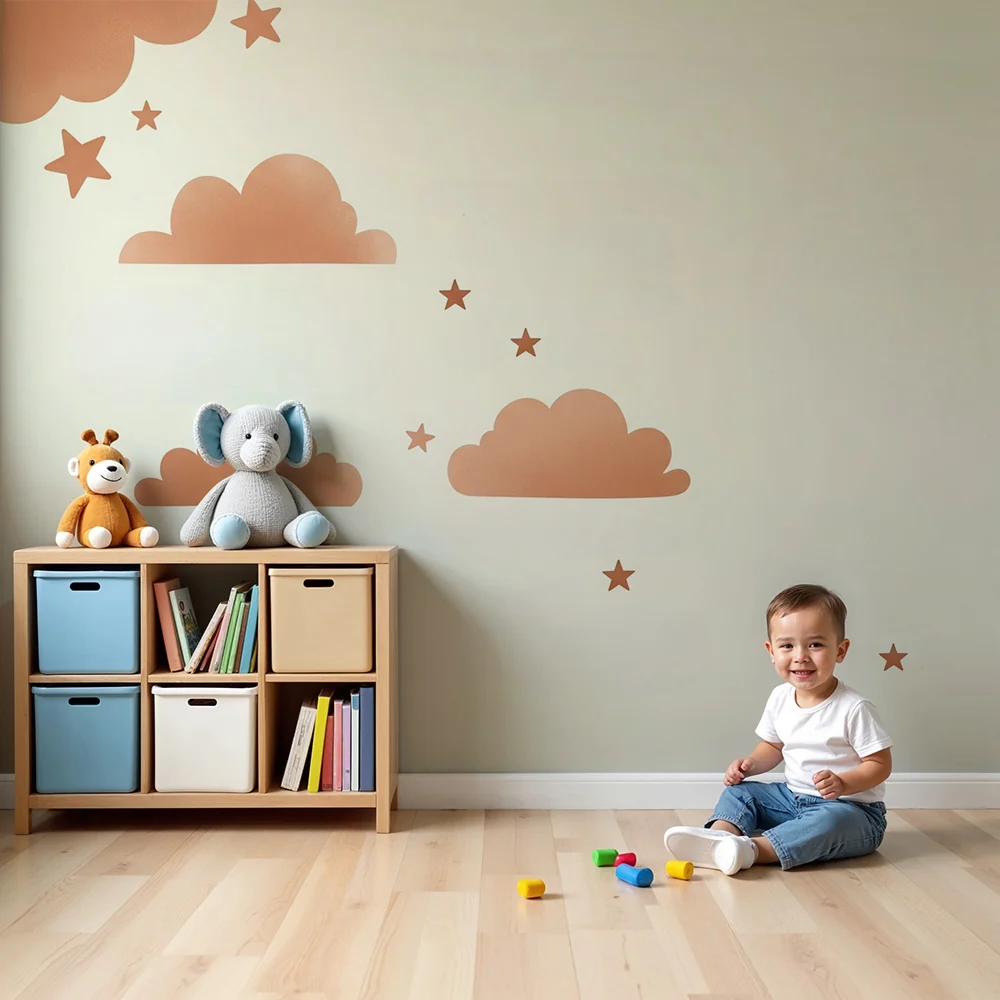 Nursery room wallpaper | Terracotta clouds and sparkling stars
