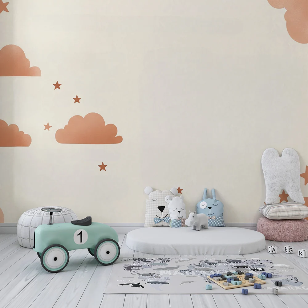 Nursery room wallpaper | Terracotta clouds and sparkling stars