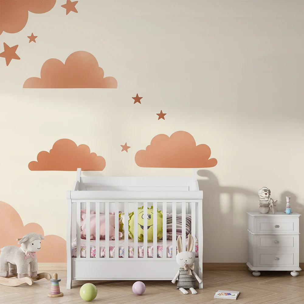 Nursery room wallpaper | Terracotta clouds and sparkling stars