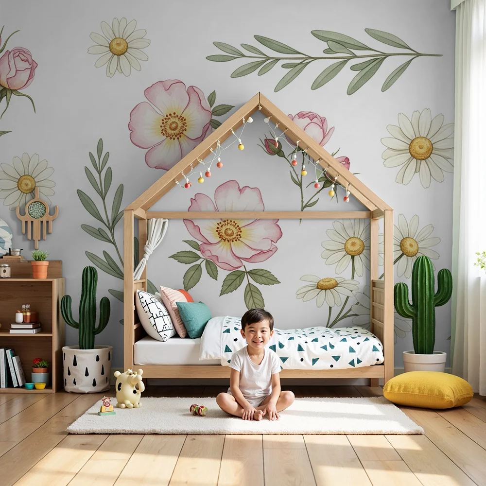 Nursery room wallpaper | Tiszta virágok és lágy színek