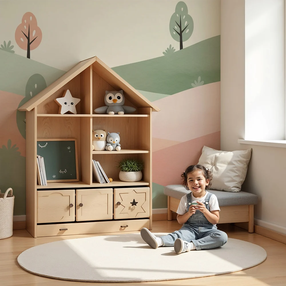 Nursery room wallpaper | Tájkép dombokkal és pasztell színekű fákkal