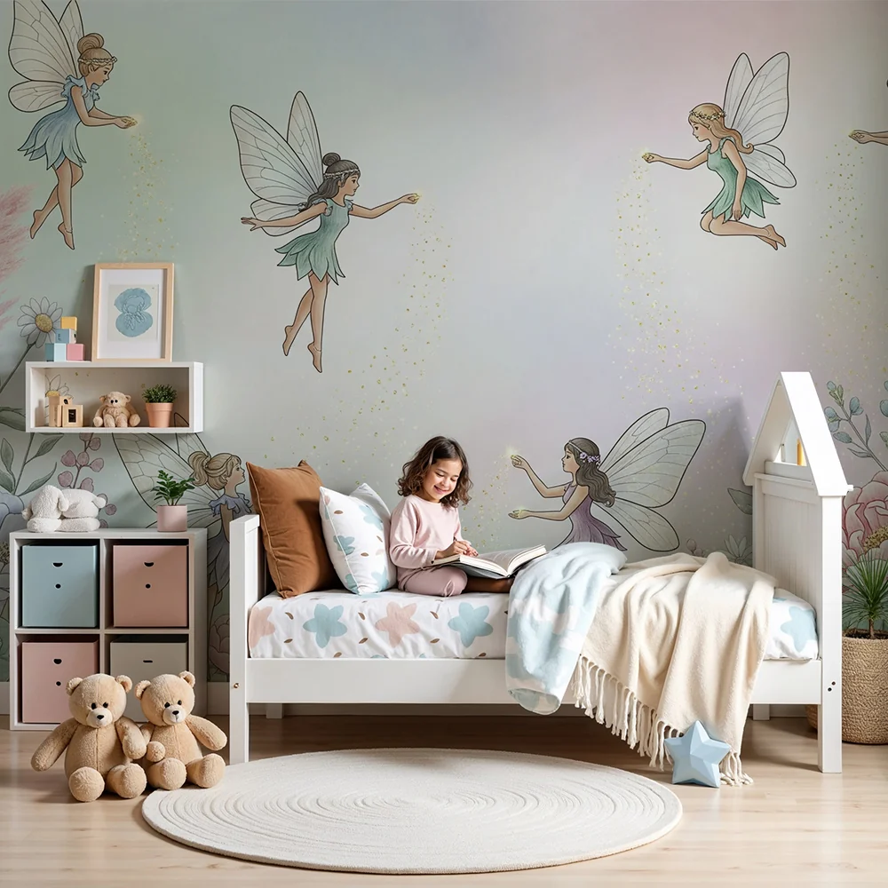 Nursery room wallpaper | Tündérek pasztell színű virágos kertben