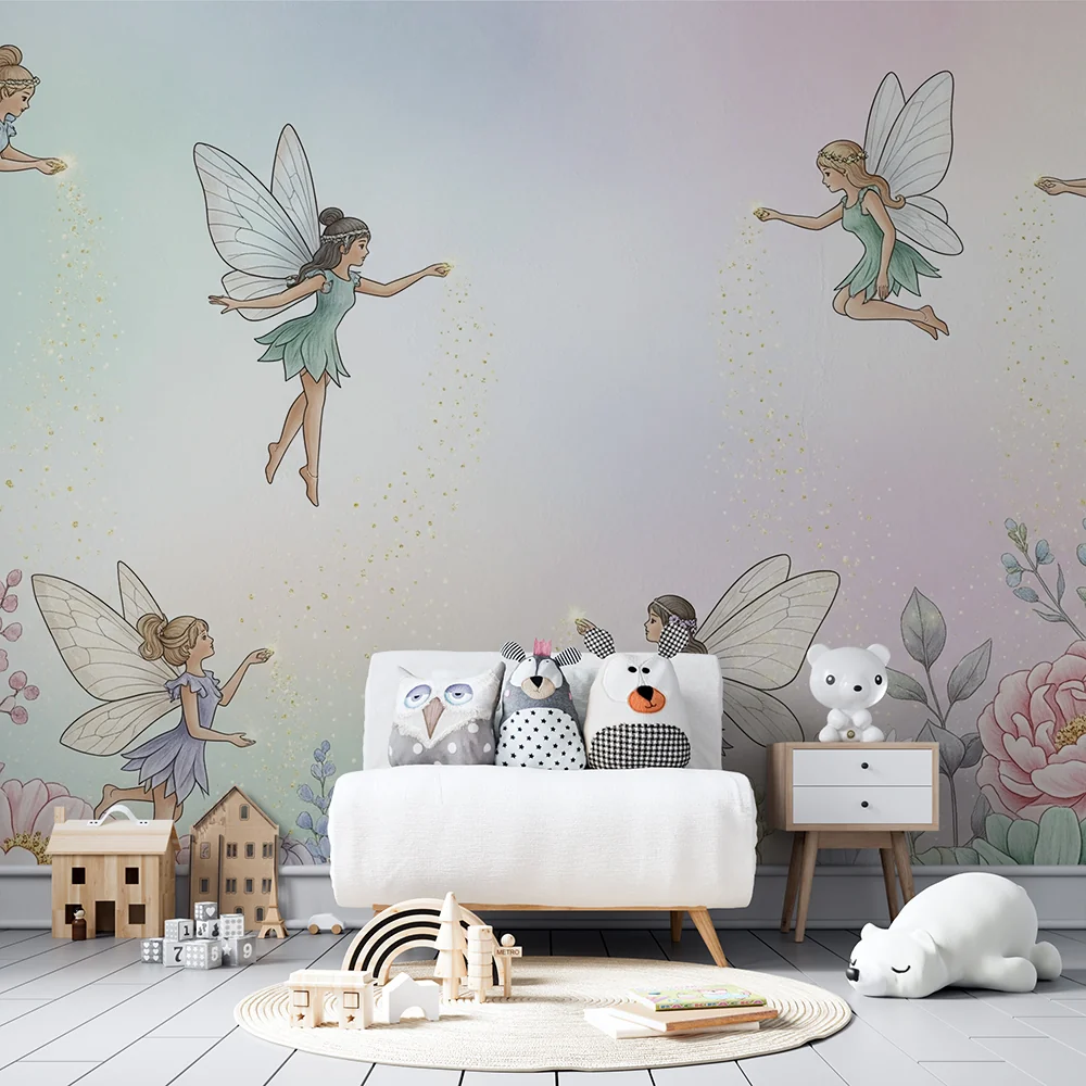Nursery room wallpaper | Tündérek pasztell színű virágos kertben