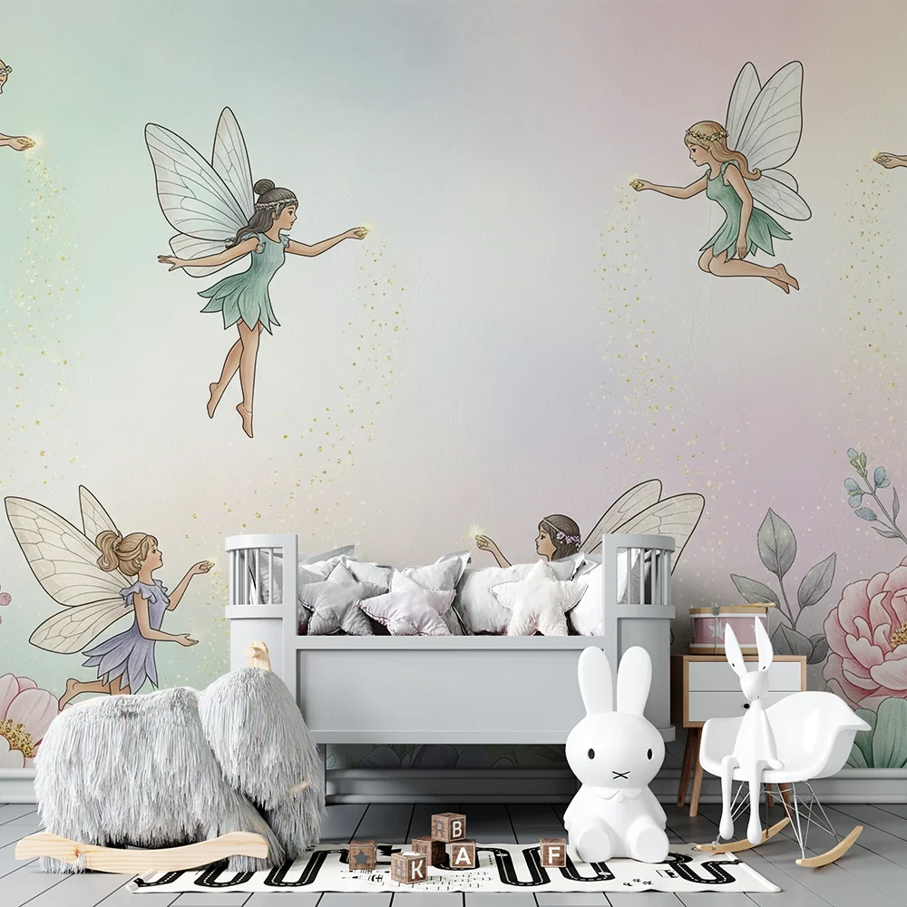 Nursery room wallpaper | Tündérek pasztell színű virágos kertben