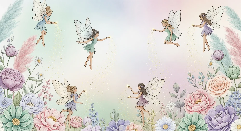 Nursery room wallpaper | Tündérek pasztell színű virágos kertben