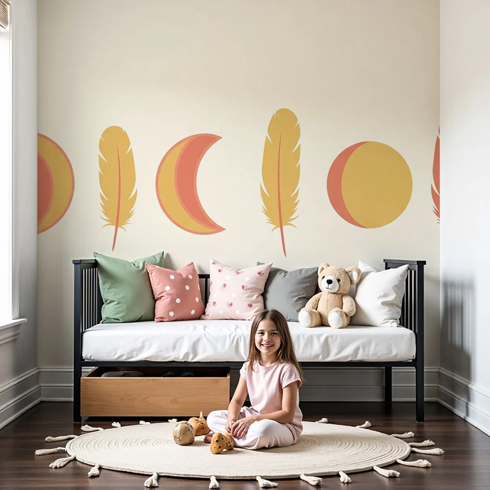 Nursery room wallpaper | Tollak és holdfázisok puha árnyalatokban