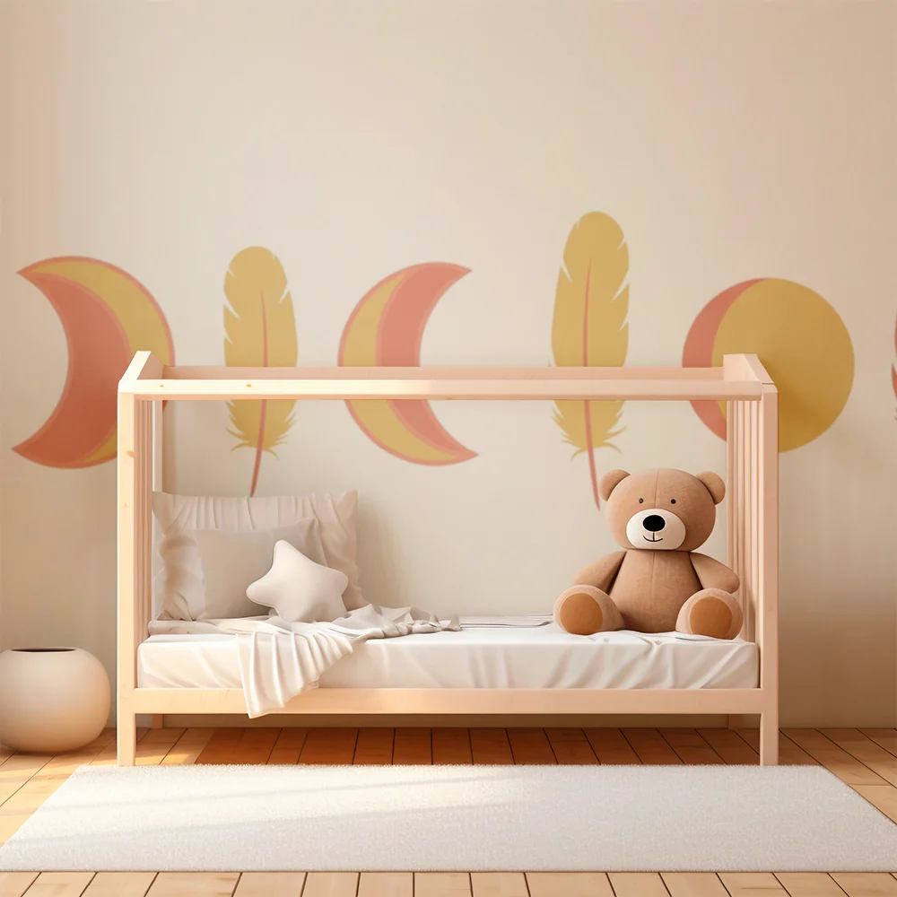 Nursery room wallpaper | Tollak és holdfázisok puha árnyalatokban