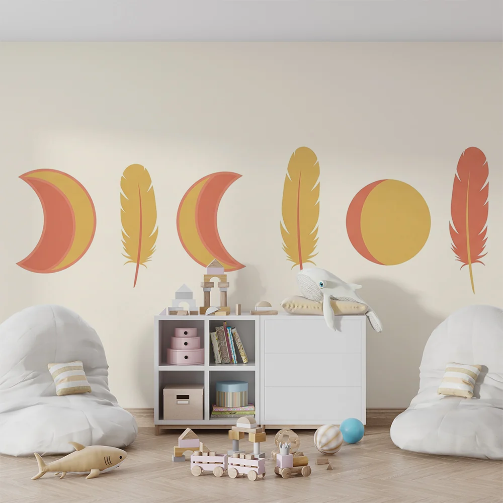 Nursery room wallpaper | Tollak és holdfázisok puha árnyalatokban
