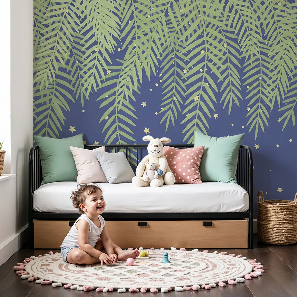 Nursery room wallpaper | Tropical leaves and starry sky
