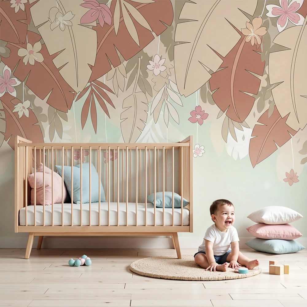 Nursery room wallpaper | Tropikus levelek bézs és terrakotta