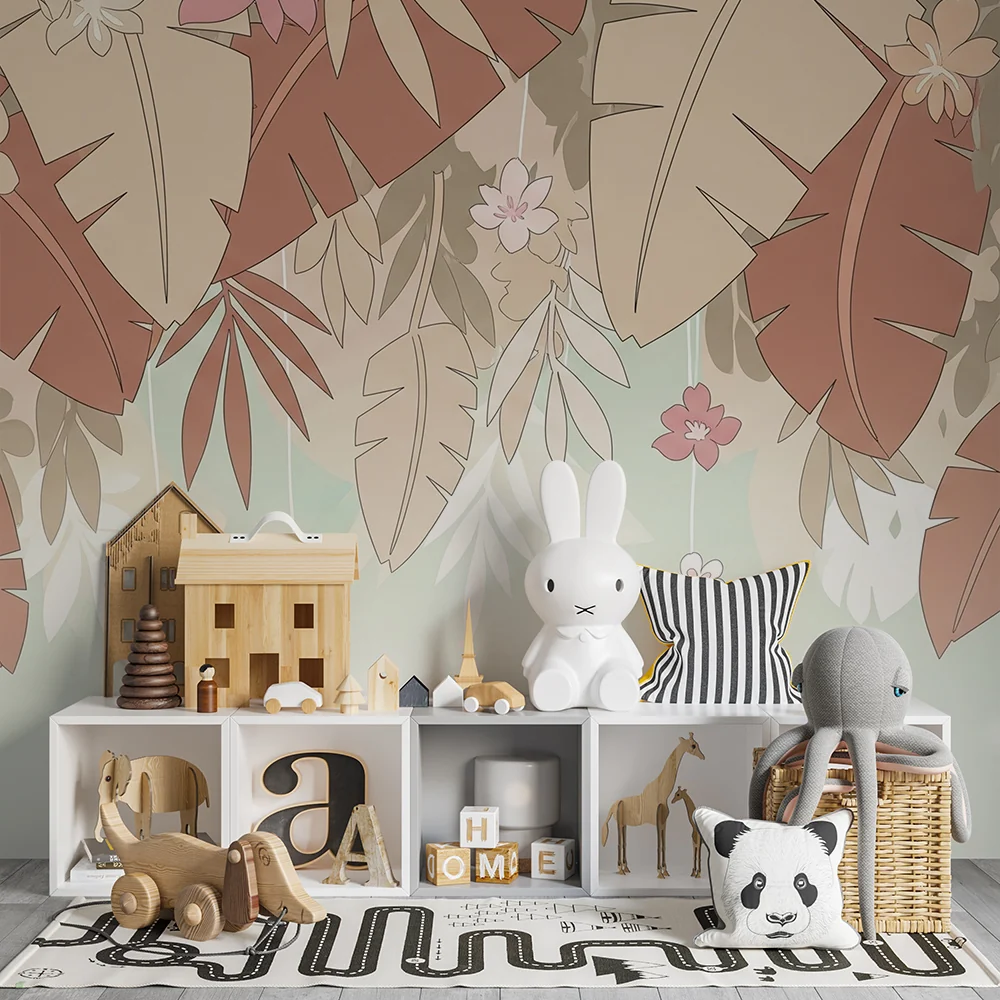 Nursery room wallpaper | Tropikus levelek bézs és terrakotta